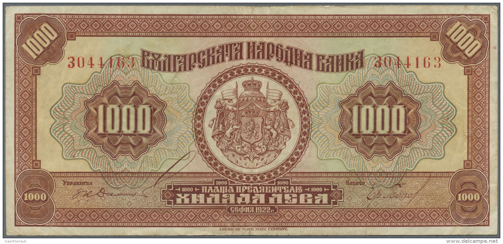 Bulgaria / Bulgarien: 1000 Leva 1922, Printer ABNC, P.40, Highly Rare Note In Very Nice Condition With A Few Folds And C - Bulgarie