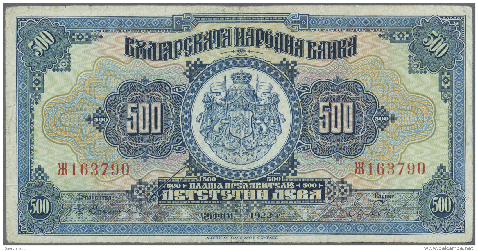 Bulgaria / Bulgarien: 500 Leva 1922, Printer ABNC, P.39, Rare Banknote In Used Condition With Several Folds, Slightly St - Bulgaria