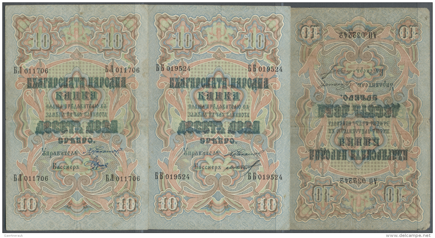 Bulgaria / Bulgarien: Set With 3 Banknotes 10 Silver Leva ND(1904) P.3c With Double Letter Serial Number Prefix 2 Serial - Bulgaria