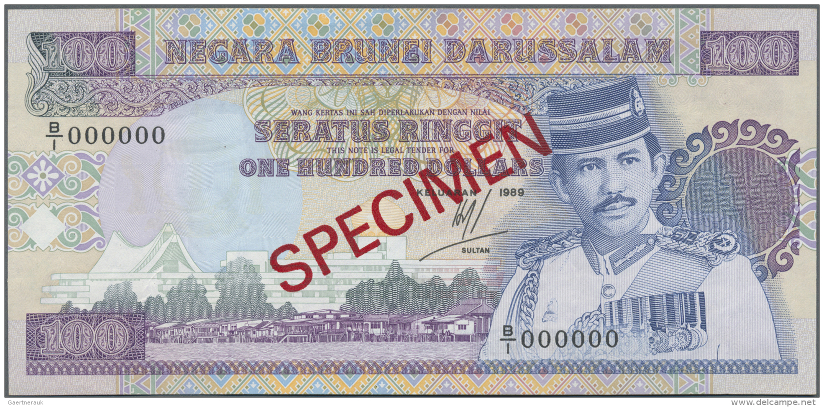 Brunei: 100 Ringgit 1989 Specimen P. 17s, Light Dint At Upper Border, Condition: AUNC. - Brunei