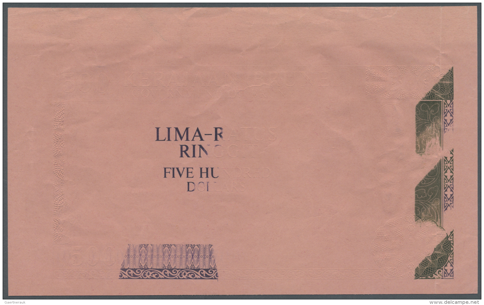 Brunei: Highly Rare Uniface Proof Print / Color Trial On Pink Test Paper Of 500 Ringgit ND(1972-88) P. 11p, Printed W/o - Brunei