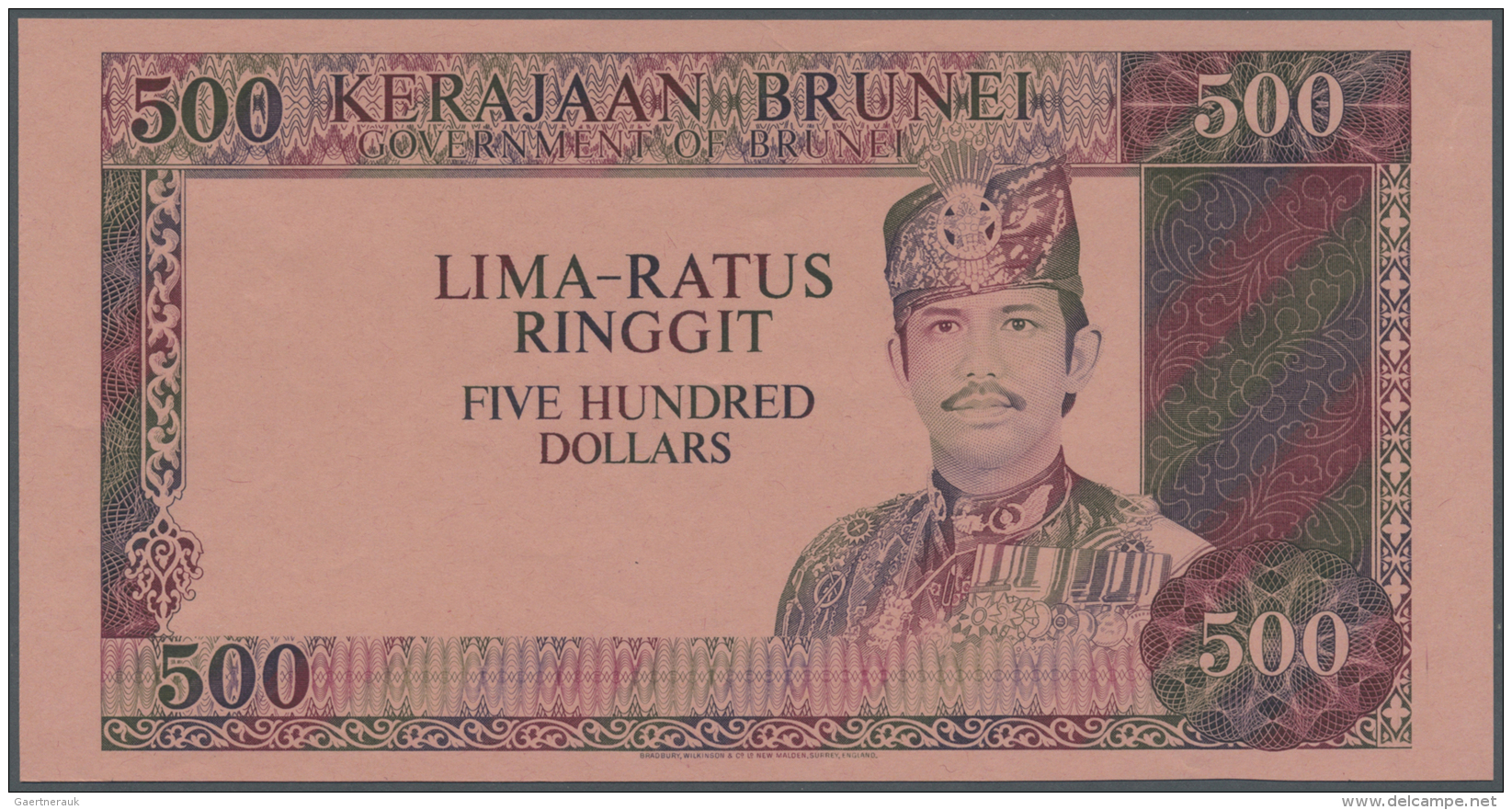 Brunei: Highly Rare Uniface Proof Print / Color Trial On Pink Test Paper Of 500 Ringgit ND(1972-88) P. 11p, Printed W/o - Brunei