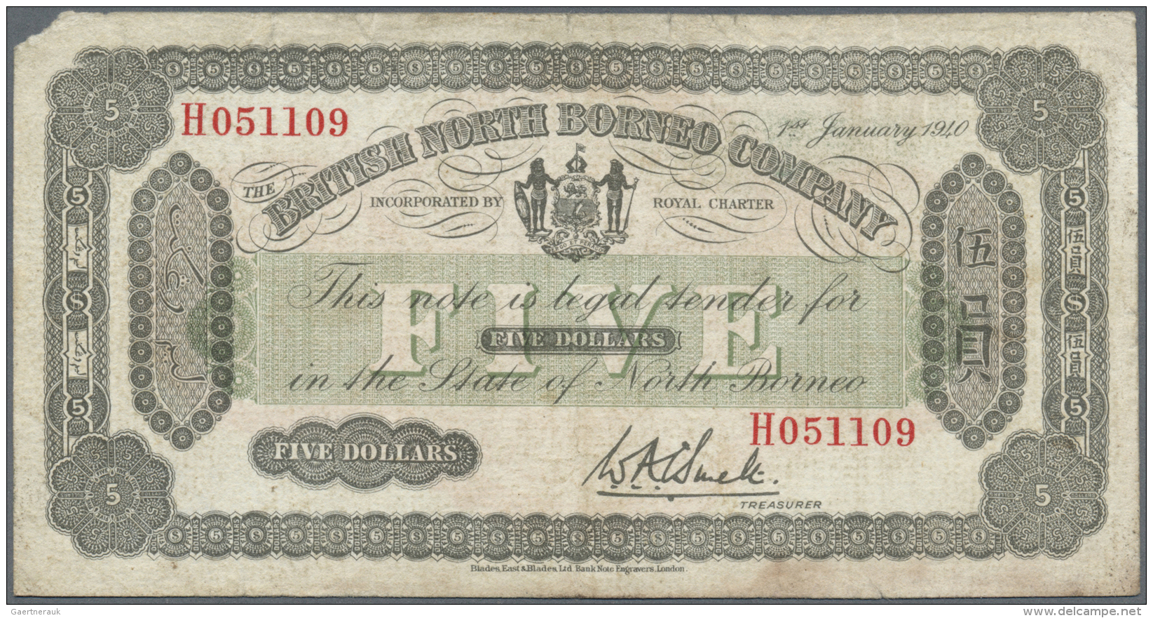 British North Borneo: 5 Dollars 1940, P.30, Very Rare And Seldom Offered Note, Obviuosly Ironed With Tiny Tears Along Th - Autres - Afrique