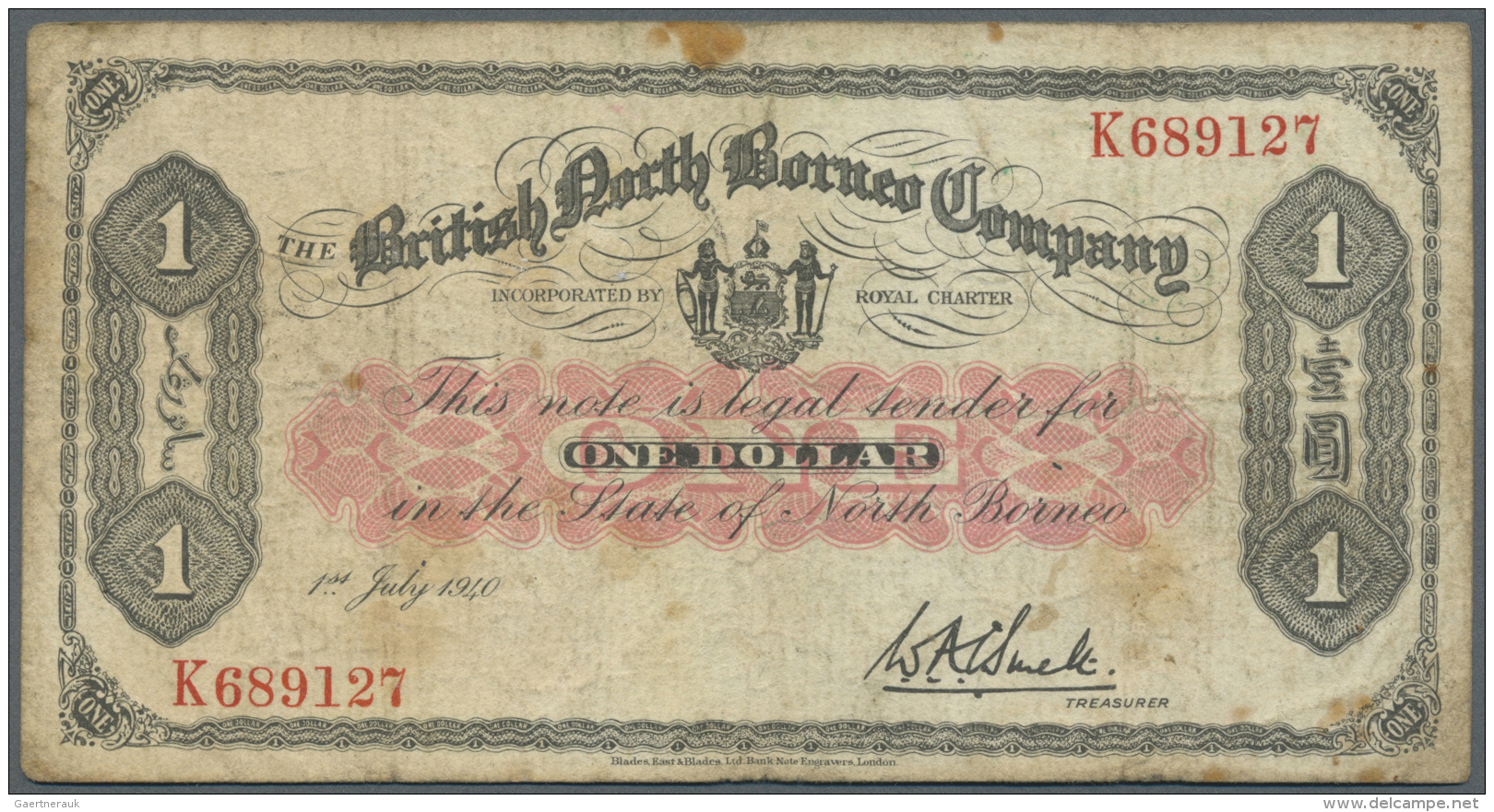 British North Borneo: 1 Dollar 1940 P. 29, Used With Stains In Paper, Washed And Pressed But No Holes Or Tears, No Repai - Altri – Africa