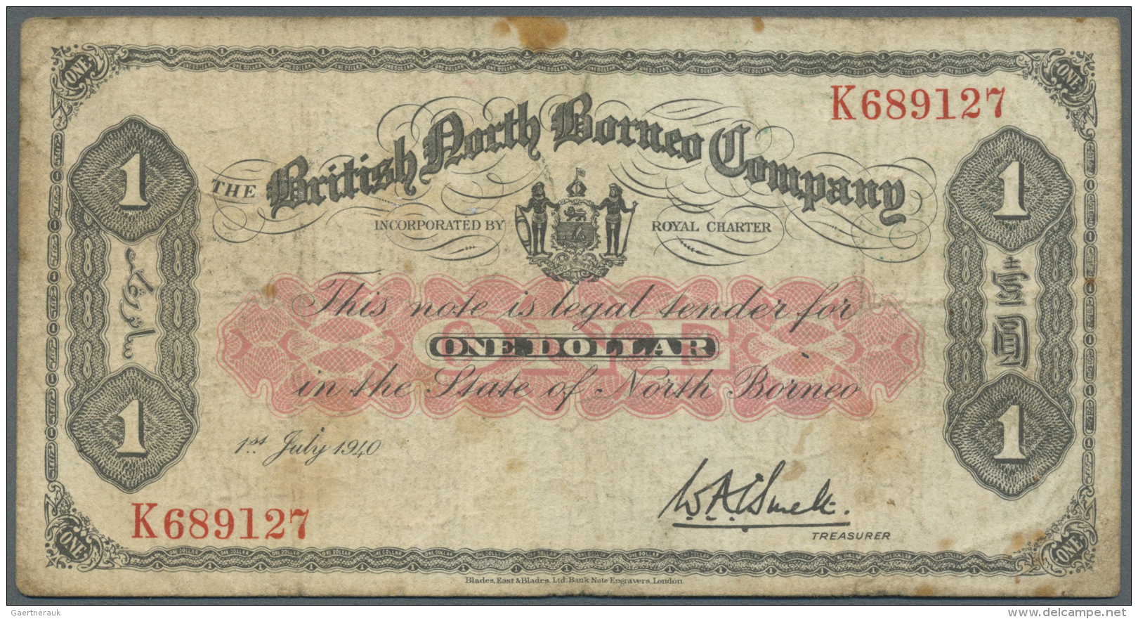 British North Borneo: 1 Dollar 1940 P. 29, Used With Stains In Paper, Washed And Pressed But No Holes Or Tears, No Repai - Autres - Afrique