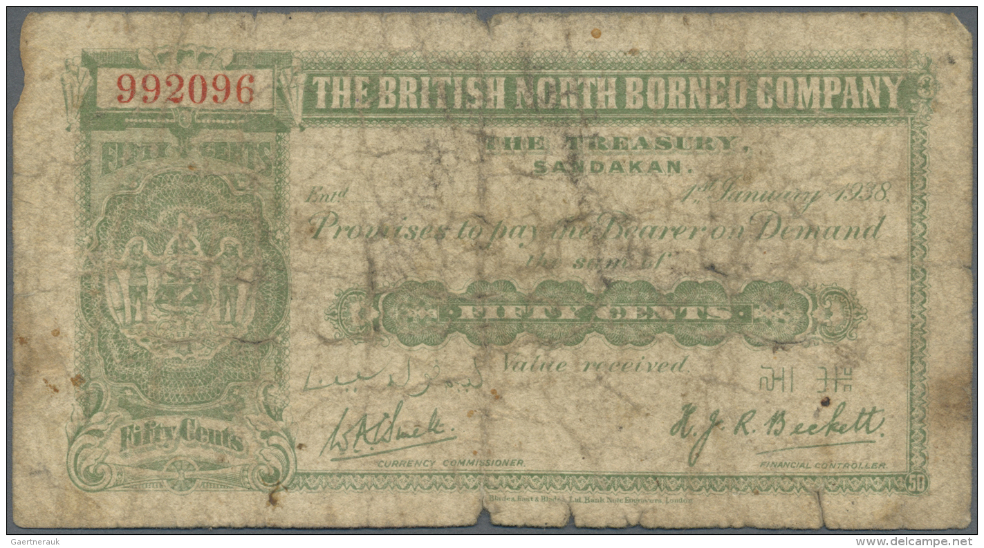 British North Borneo: 50 Cents 1938 P. 27, Stronger Used With Stains And Folds, Softness And Several Small Holes In Pape - Altri – Africa