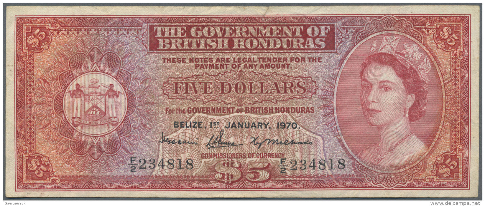 British Honduras: 5 Dollars 1970 P. 30c, Used With Folds And Creases, One 0,5 Cm Border Tear At Upper Border, No Holes, - Honduras