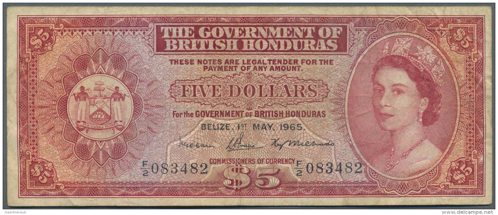 British Honduras: 5 Dollars 1965 P. 30b, Used With Folds And Creases, Stamped On Back, No Tears, 2 Pinholes, Condition: - Honduras