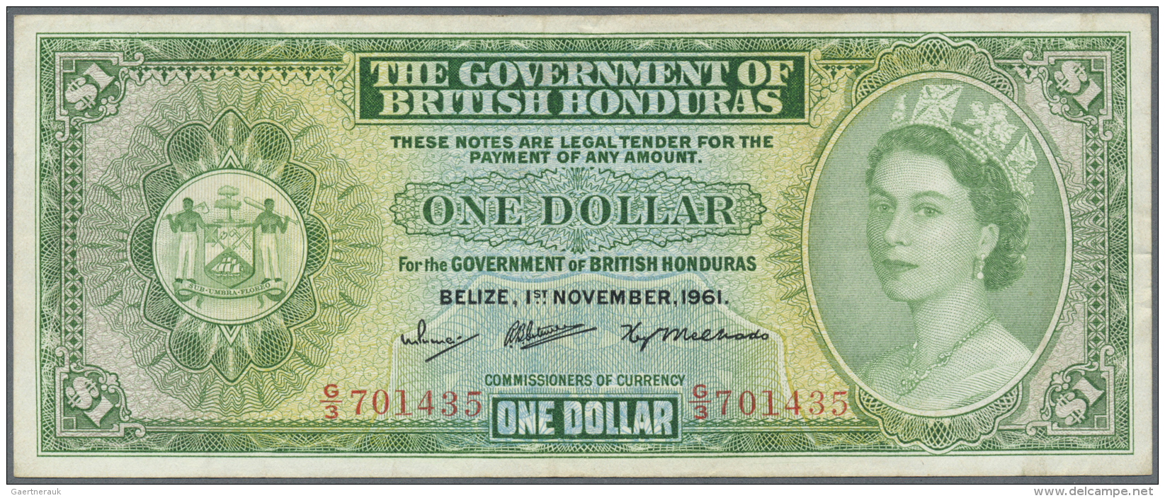 British Honduras: 1 Dollar 1961 P. 28b, Vertically And Horizontally Folded, 2 Pinholes, No Tears, Still Strong Paper Wit - Honduras