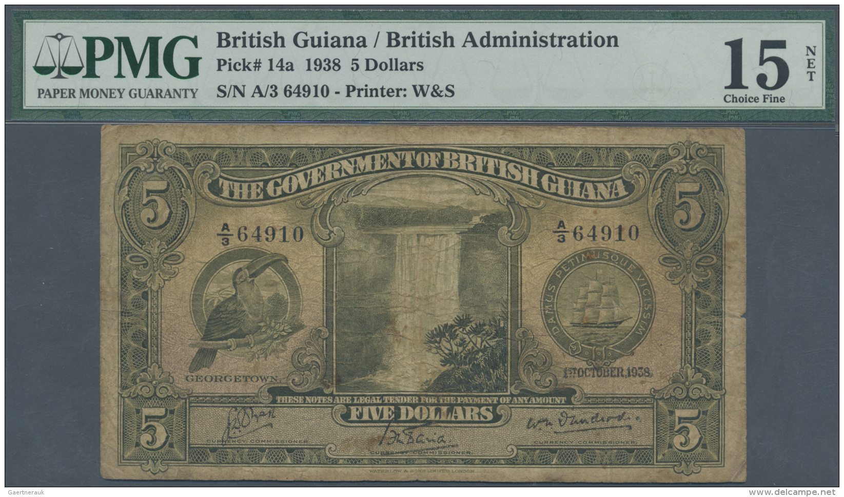 British Guiana / Britisch Guayana: 5 Dollars 1938 P. 14a, Rare Note, PMG Graded 15 Choice Fine Net. - Guyana