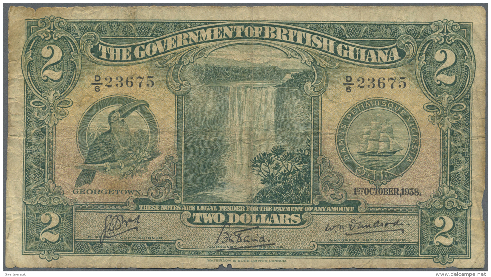 British Guiana / Britisch Guayana: 2 Dollars 1938 P. 13b, Seldom Seen Note In Used Condition, With Several Folds And Sta - Guyana