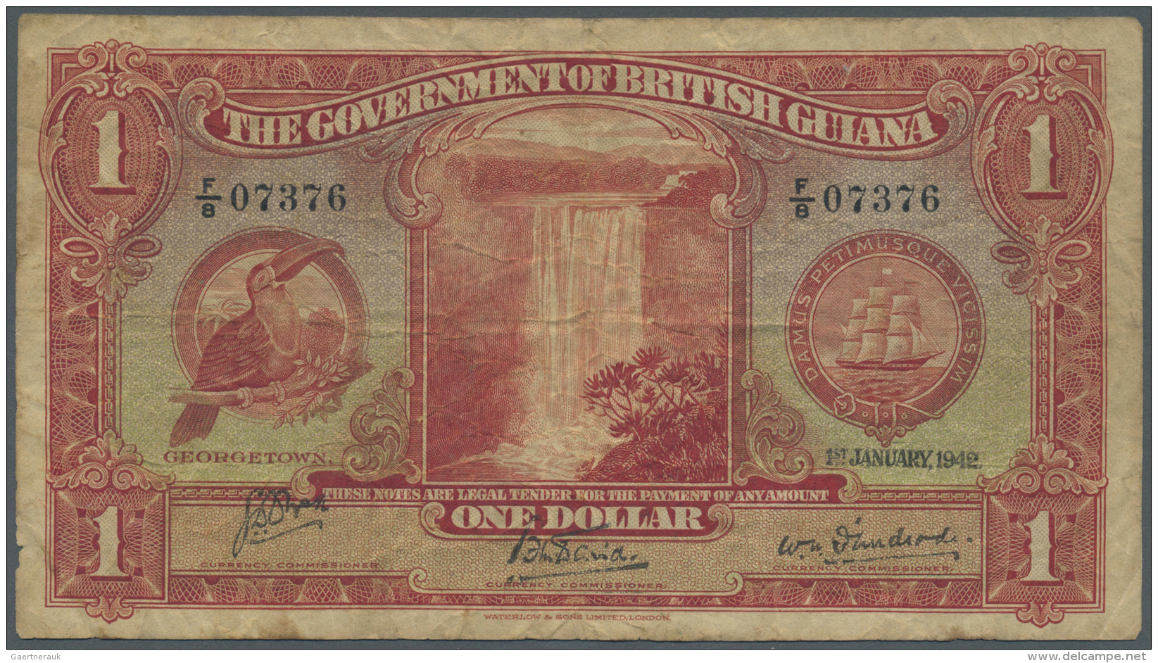 British Guiana / Britisch Guayana: 1 Dollar 1942 P. 12c, Used With Several Folds And Creases, No Holes, Minor Border Tea - Guyana