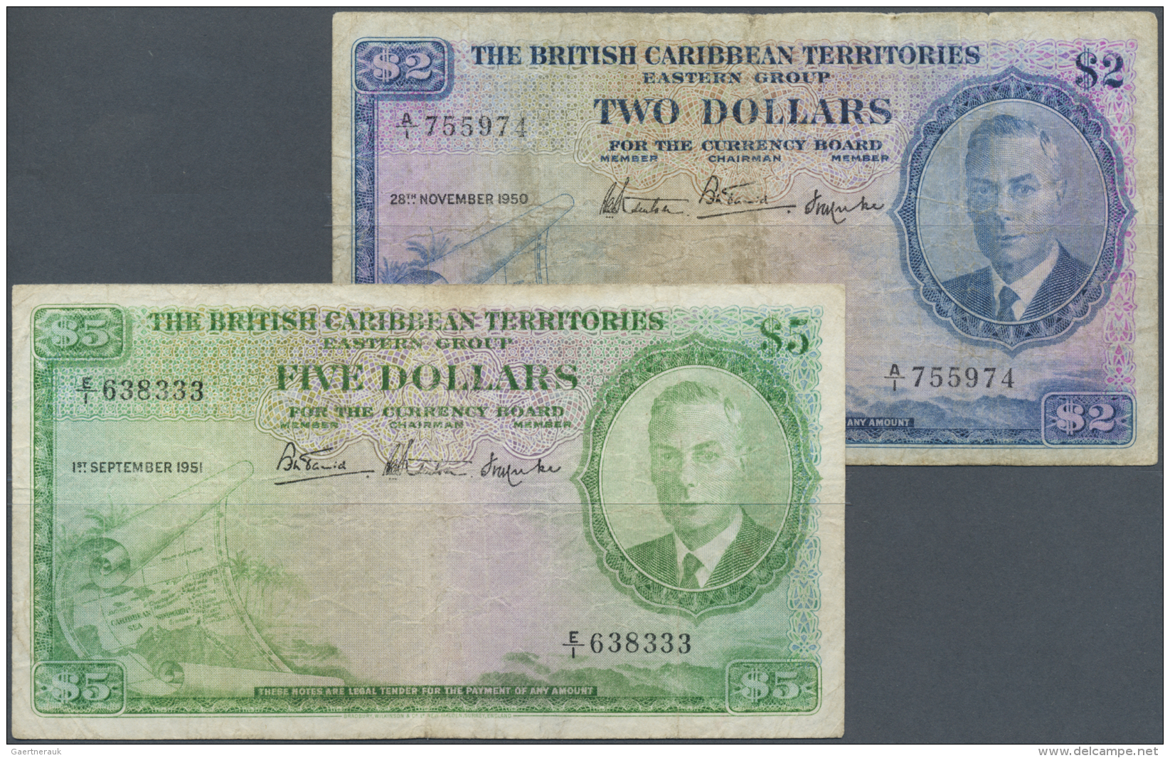 British Caribbean Territories: Set Of 2 Notes Containing 2 Dollars 1950 P. 2 (VG) And 5 Dollars 1951 P. 3 (F-), Nice Set - Altri – America