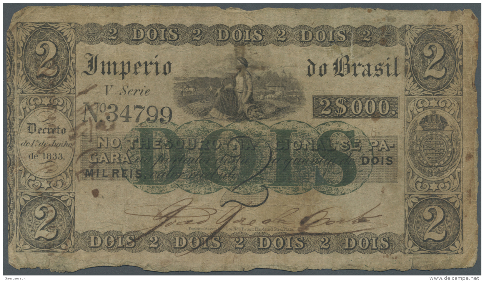 Brazil / Brasilien: 2 Mil Reis ND(1843-60) P. A220, Used With Many Folds And Creases, Stained Paper, Borders Worn But No - Brésil