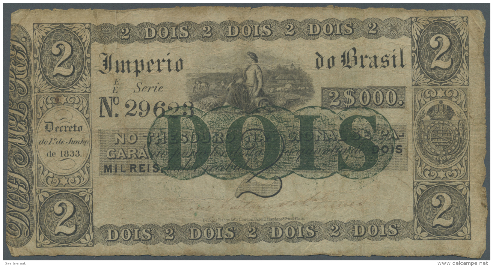 Brazil / Brasilien: 2 Mil Reis ND(1843-60) P. A220, Used With Many Folds And Creases, Stained Paper, Small Center Hole, - Brasile