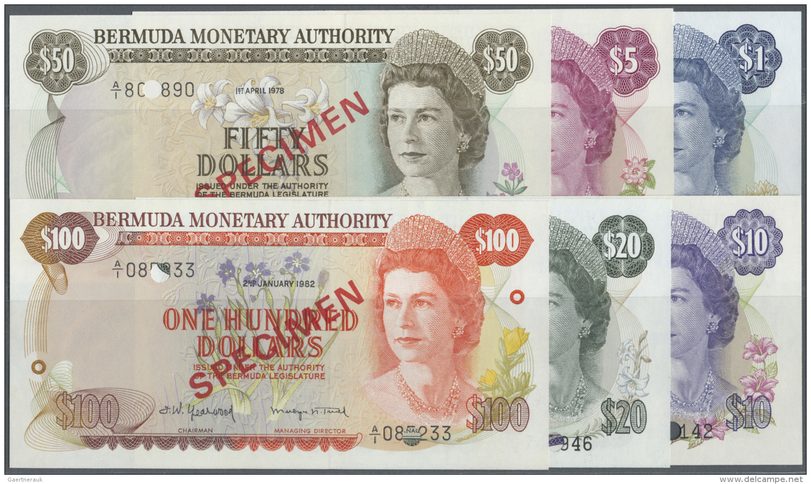 Bermuda: Set Of 6 SPECIMEN Banknotes Containing 1, 5, 10, 20, 50 And 100 Dollars 1978/1982/1984 P. 28s-33s All With Regu - Bermudes