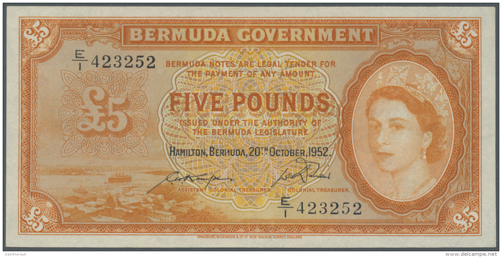 Bermuda: 5 Pounds 1952 P. 21a, Very Light Vertical And Horizontal Fold, Very Crisp Original Paper And Bright Colors, No - Bermudes