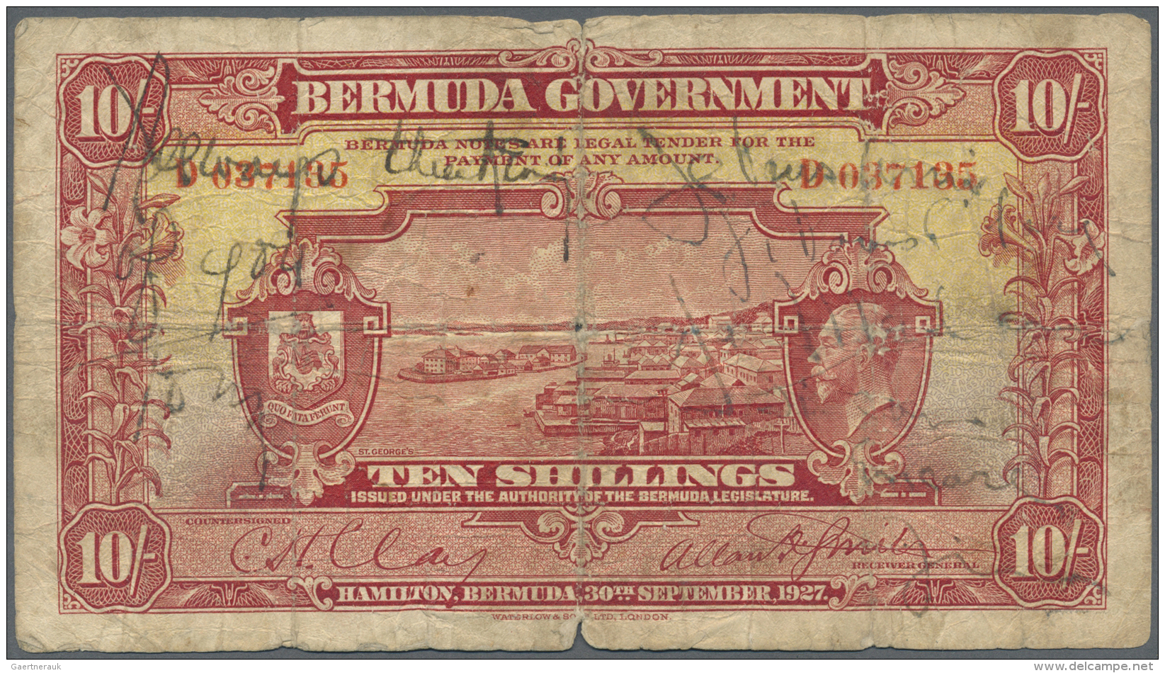 Bermuda: 10 Shillings 1927 P. 4 Portrait KGV, Very Rare Note Even In This Used Condition With Several Pen Writings On Fr - Bermudes