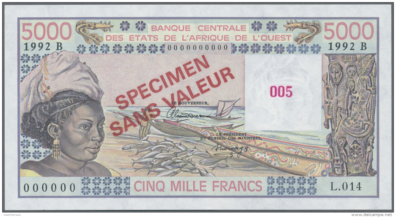 Benin: 5000 Francs 1992 Specimen P. 208Bs (W.A.S.) In Condition: UNC. - Bénin
