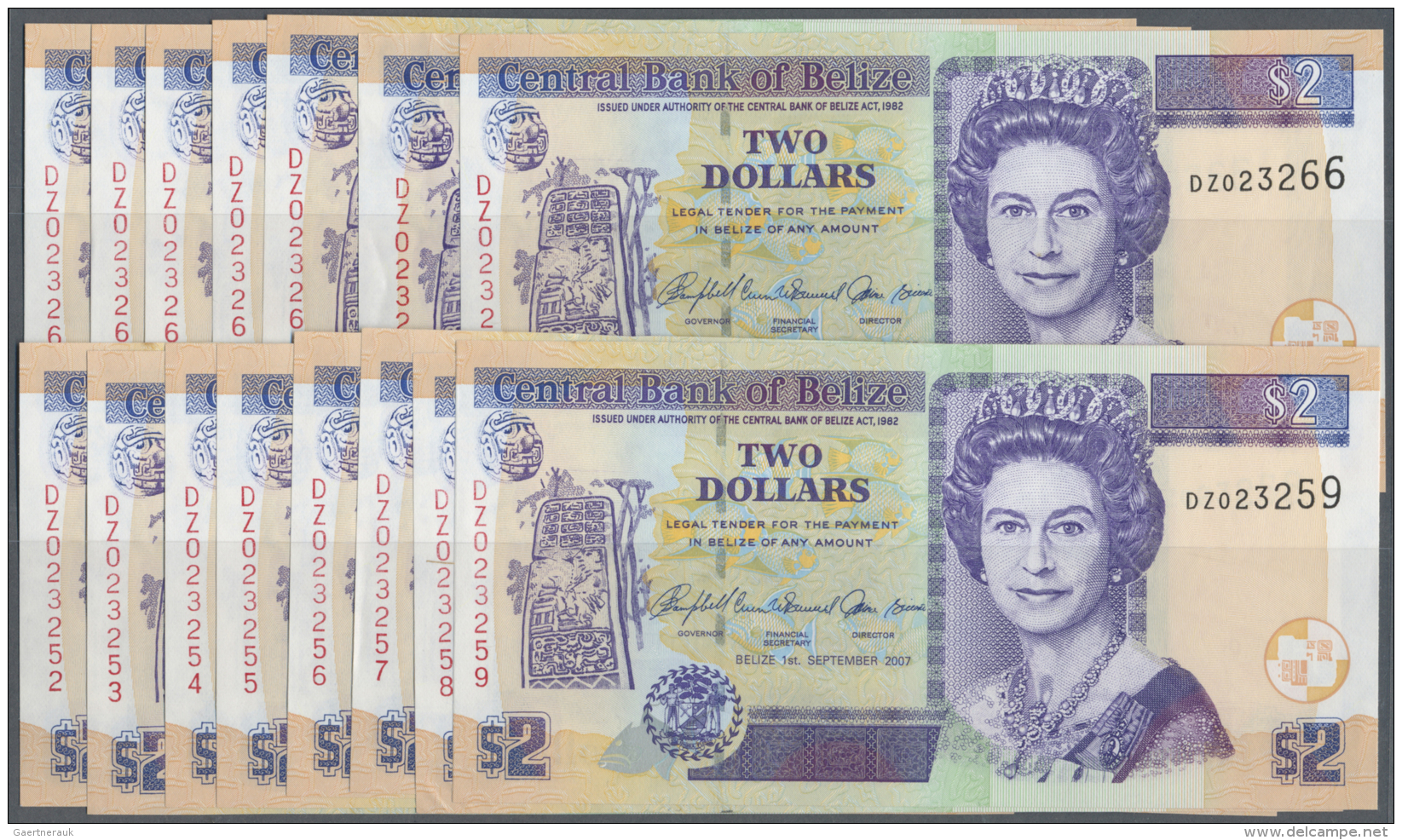 Belize: Set Of 15 Pcs Replacement Notes With CONSECUTIVE Serial Numbers Of 2 Dollars 2007 P. 66, With Serials From DZ023 - Belize