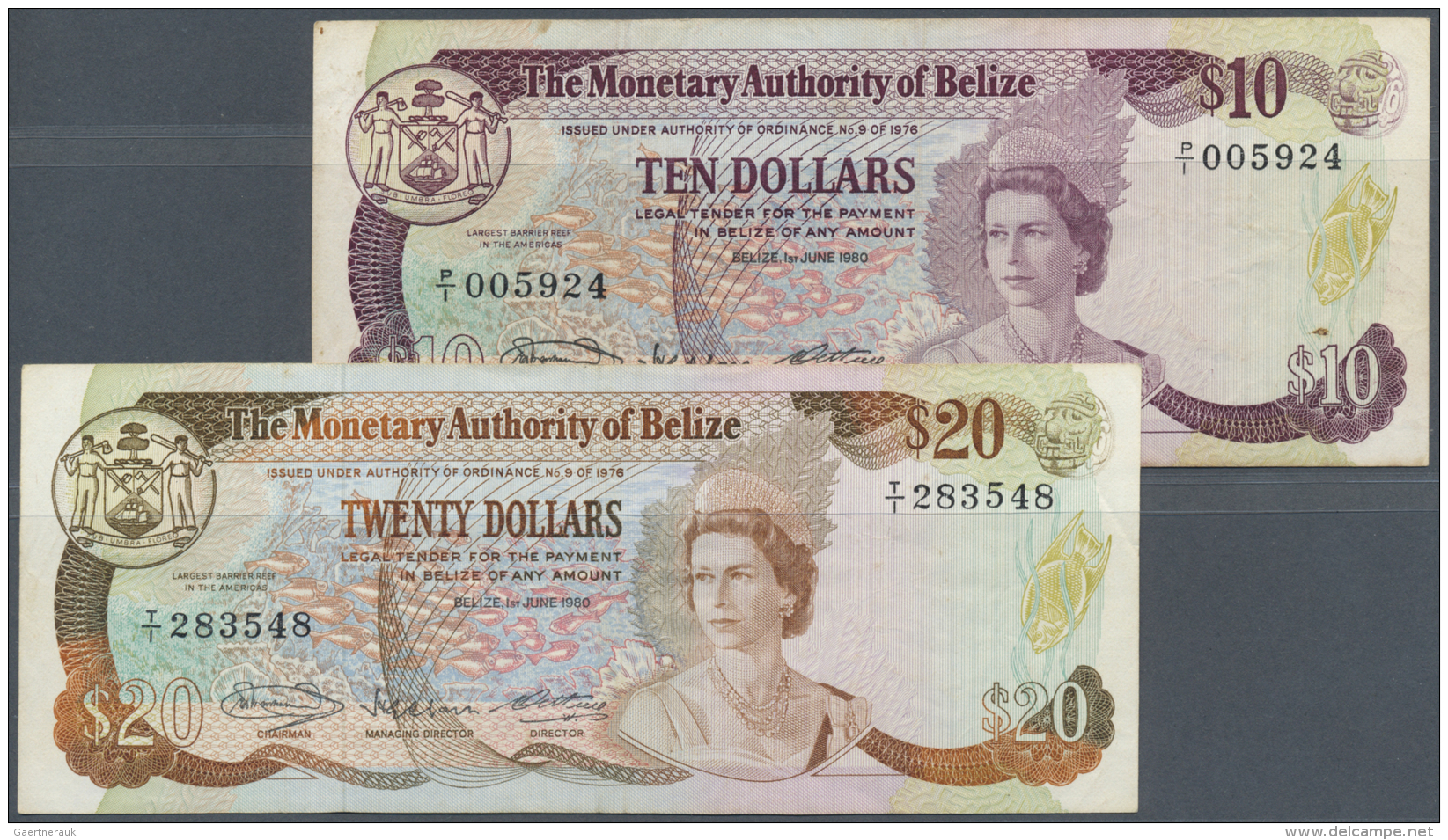 Belize: Set Of 2 Notes Containing 10 Dollars 1980 P. 40 (F+) And 20 Dollars 1980 P. 41 (VF-), Nice Set. (2 Pcs) - Belize