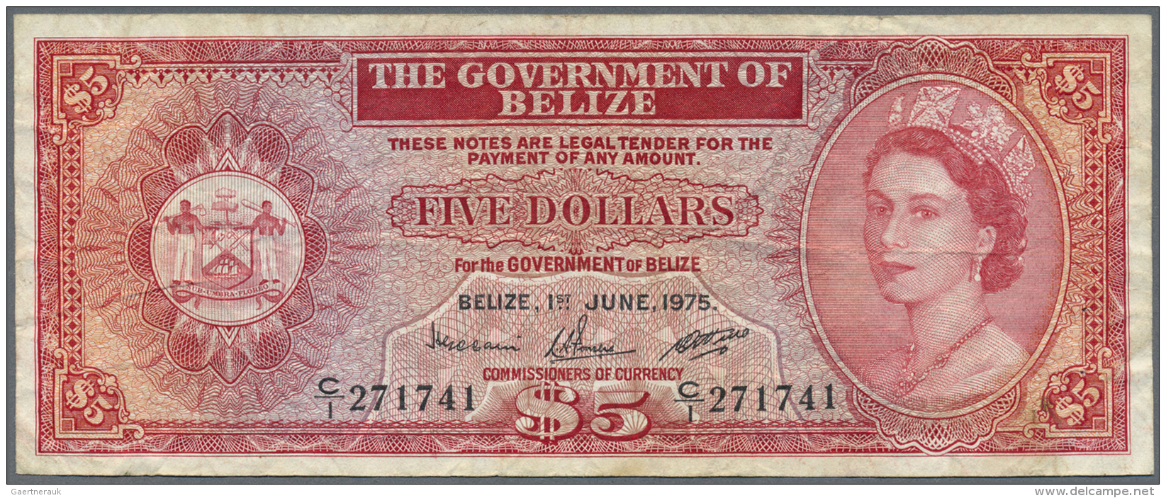 Belize: 5 Dollars 1975 P. 35a, Used With Folds And Creases, 2 Pinholes At Right, Still Strongness In Paper And Nice Colo - Belize