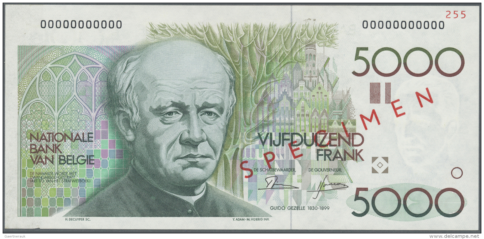 Belgium / Belgien: 5000 Francs ND(1982-97) Speicmen P. 145s, Zero Serial Numbers, Specimen Overprint, Glue Residual From - Autres & Non Classés