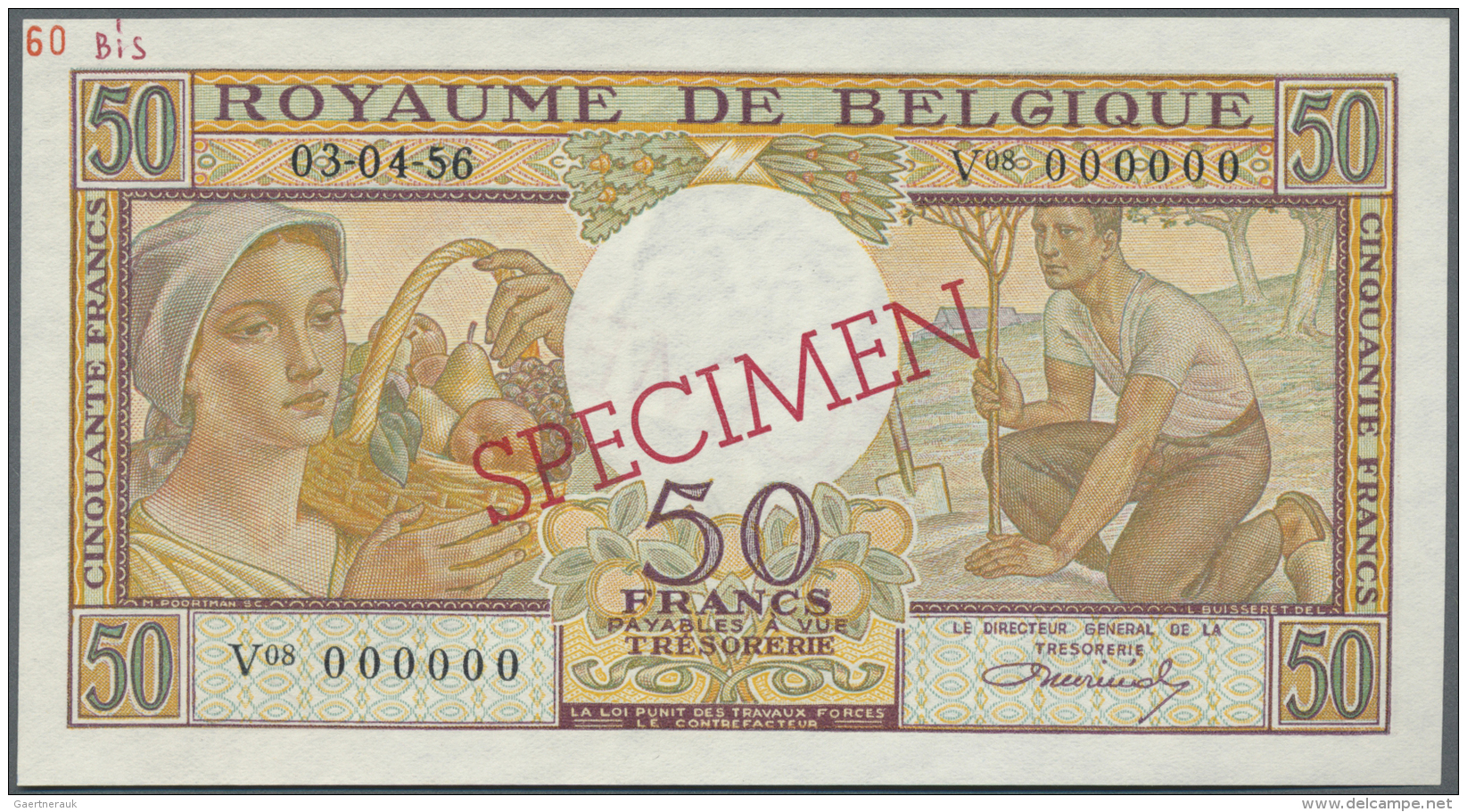 Belgium / Belgien: 50 Francs 1956 Specimen P. 133Bs, Zero Serial Numbers, Red Specimen Overprint, Light Dints In Paper, - Autres & Non Classés