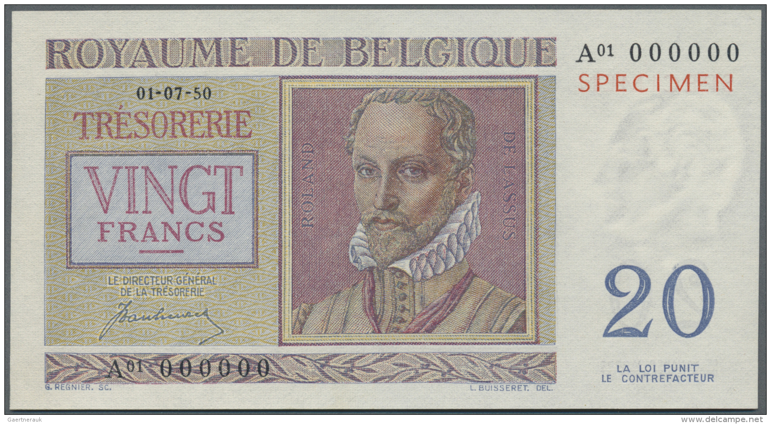 Belgium / Belgien: 20 Francs 1950 Specimen P. 132As, Zero Serial Numbers, Red Specimen Overprint, Condition: UNC. - Autres & Non Classés