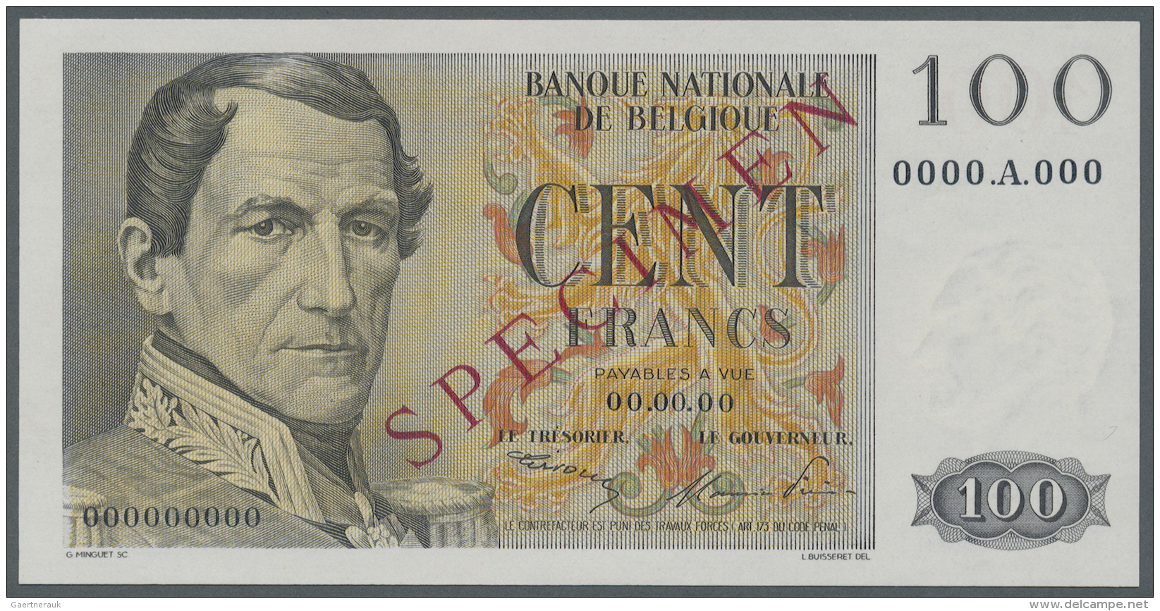 Belgium / Belgien: 100 Francs ND (1952-59) Specimen P. 129s. This Note Is A Rare Specimen Type Of P. 129 With Zero Seria - [ 1] …-1830 : Prima Dell'Indipendenza