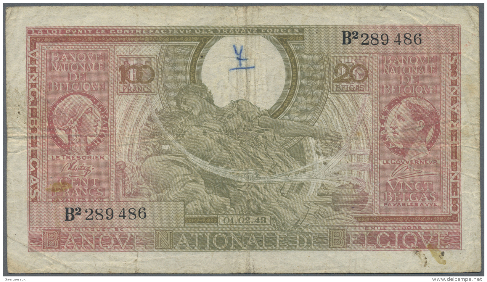 Belgium / Belgien: 100 Francs = 20 Belgas 1943, P.123, Small Graffiti At Upper Center, Several Folds And Stained Paper. - [ 1] …-1830 : Prima Dell'Indipendenza