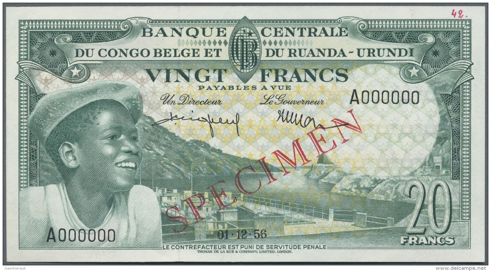 Belgian Congo / Belgisch Kongo: 20 Francs 1956 Specimen P. 31s, With Zero Serial Numbers, Red Specimen Overprint On Fron - Non Classés