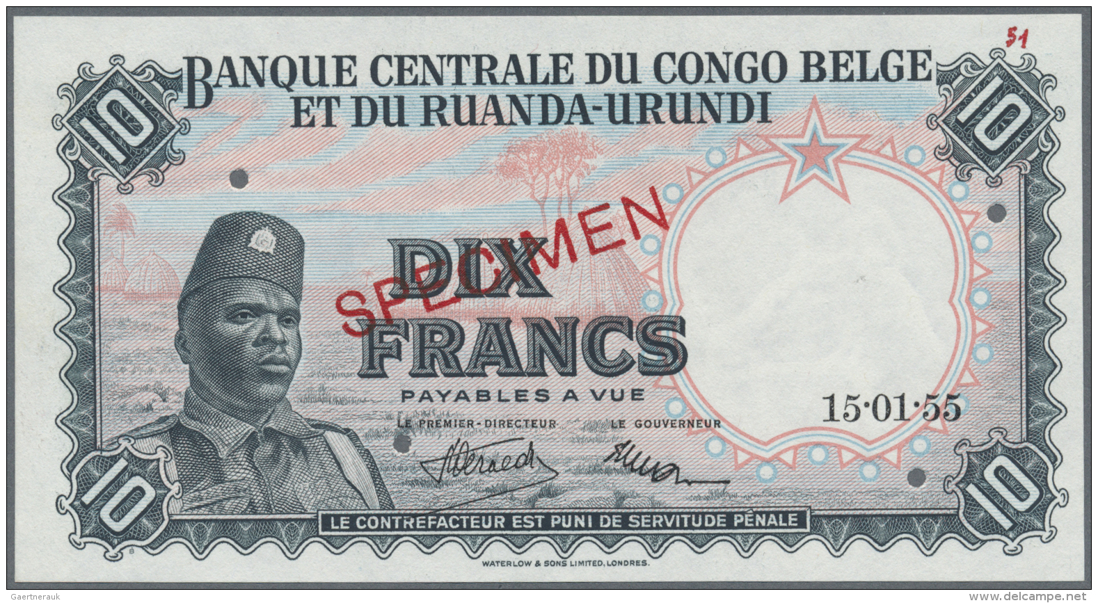 Belgian Congo / Belgisch Kongo: 10 Francs 1955 SPECIMEN, P.30as In Perfect UNC Condition - Unclassified