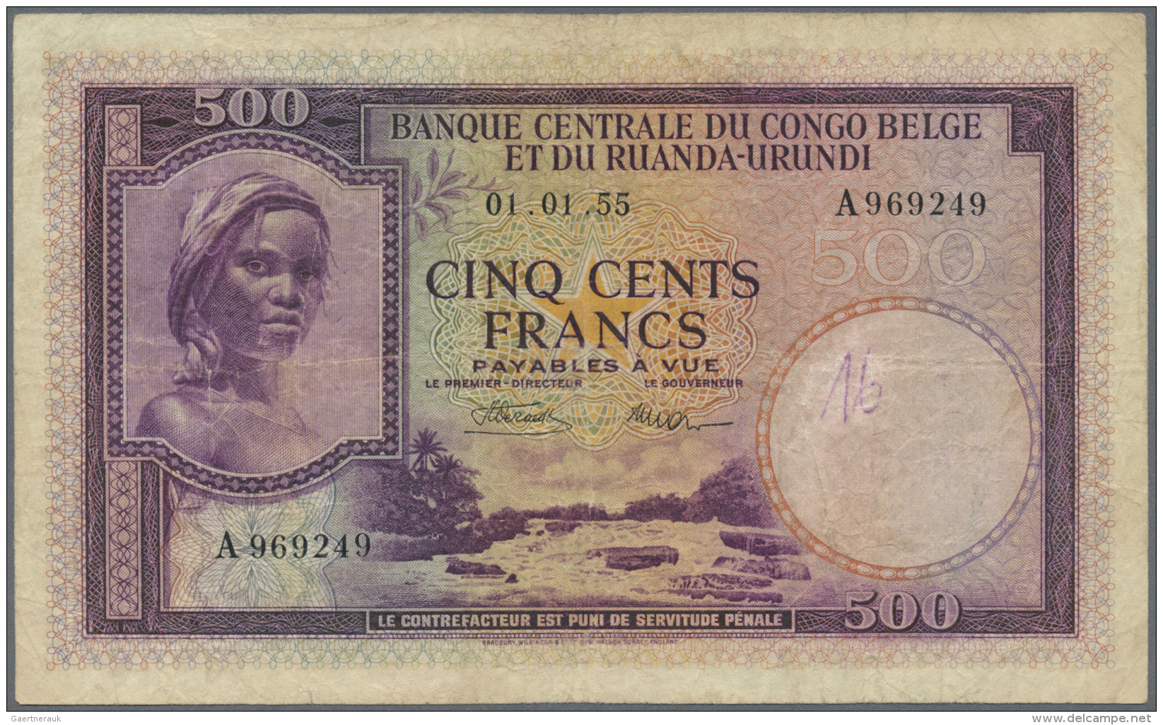 Belgian Congo / Belgisch Kongo: 500 Francs 1955, P.28b, Yellowed And Stained Paper With Several Folds And Creases, Graff - Non Classificati