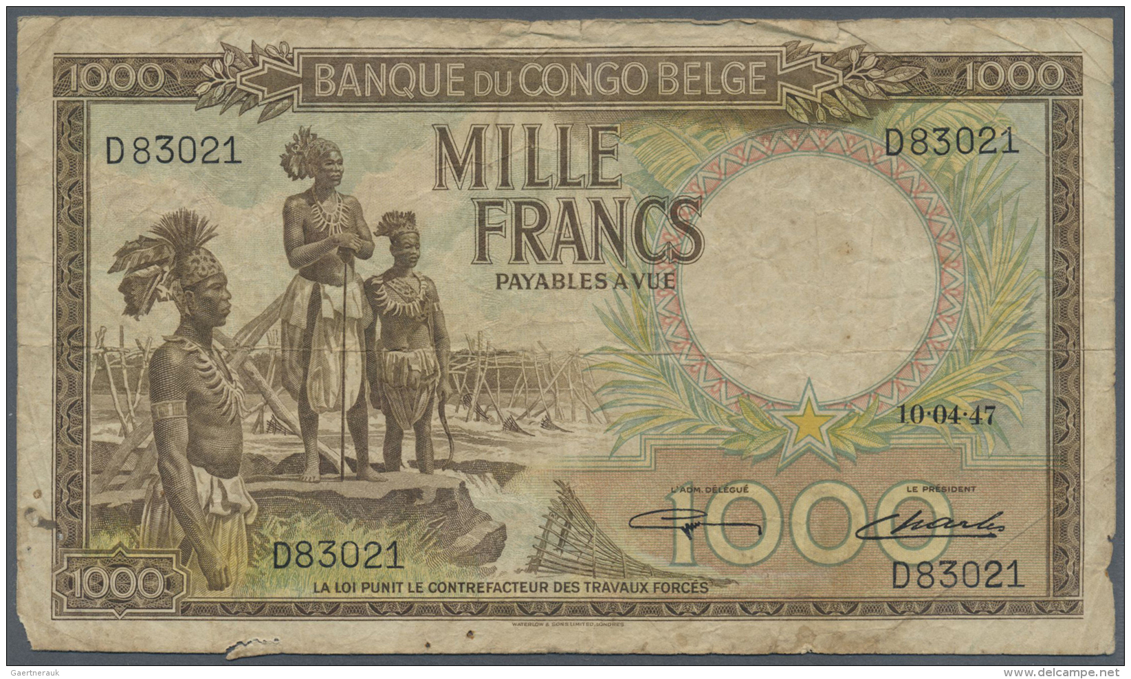 Belgian Congo / Belgisch Kongo: Belgian Congo: 1000 Francs 1947, P.19b In Well Worn Condition With Many Folds And Crease - Unclassified