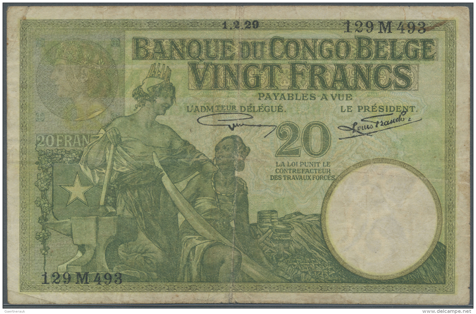 Belgian Congo / Belgisch Kongo: 20 Francs 1929 P. 10f, Vertical And Horizontal Folds, Pressed, No Holes Or Tears, No Rep - Non Classés