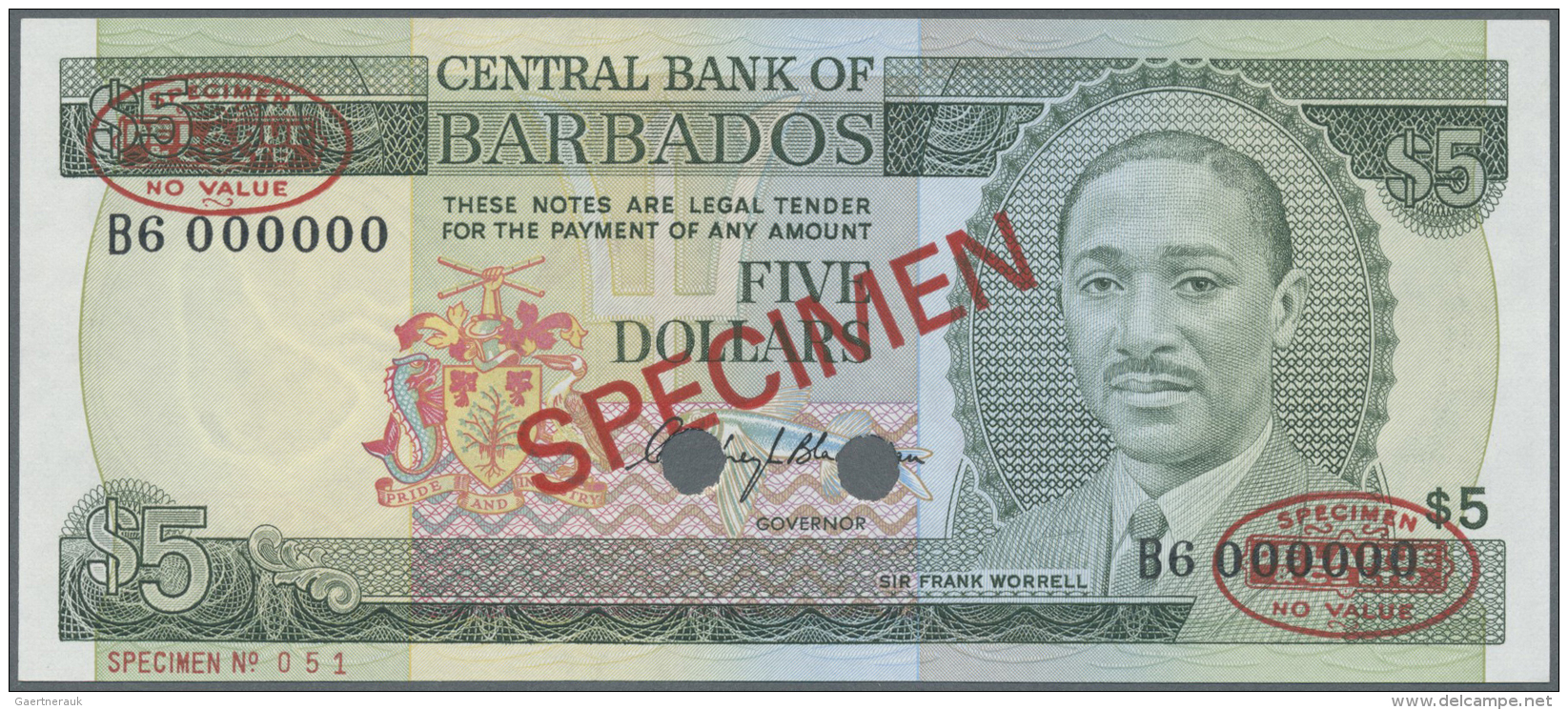 Barbados: 5 Dollars ND (1975) Specimen P. 32s With Red "Specimen" Overprint In Center On Front And Back, Specimen Number - Barbades