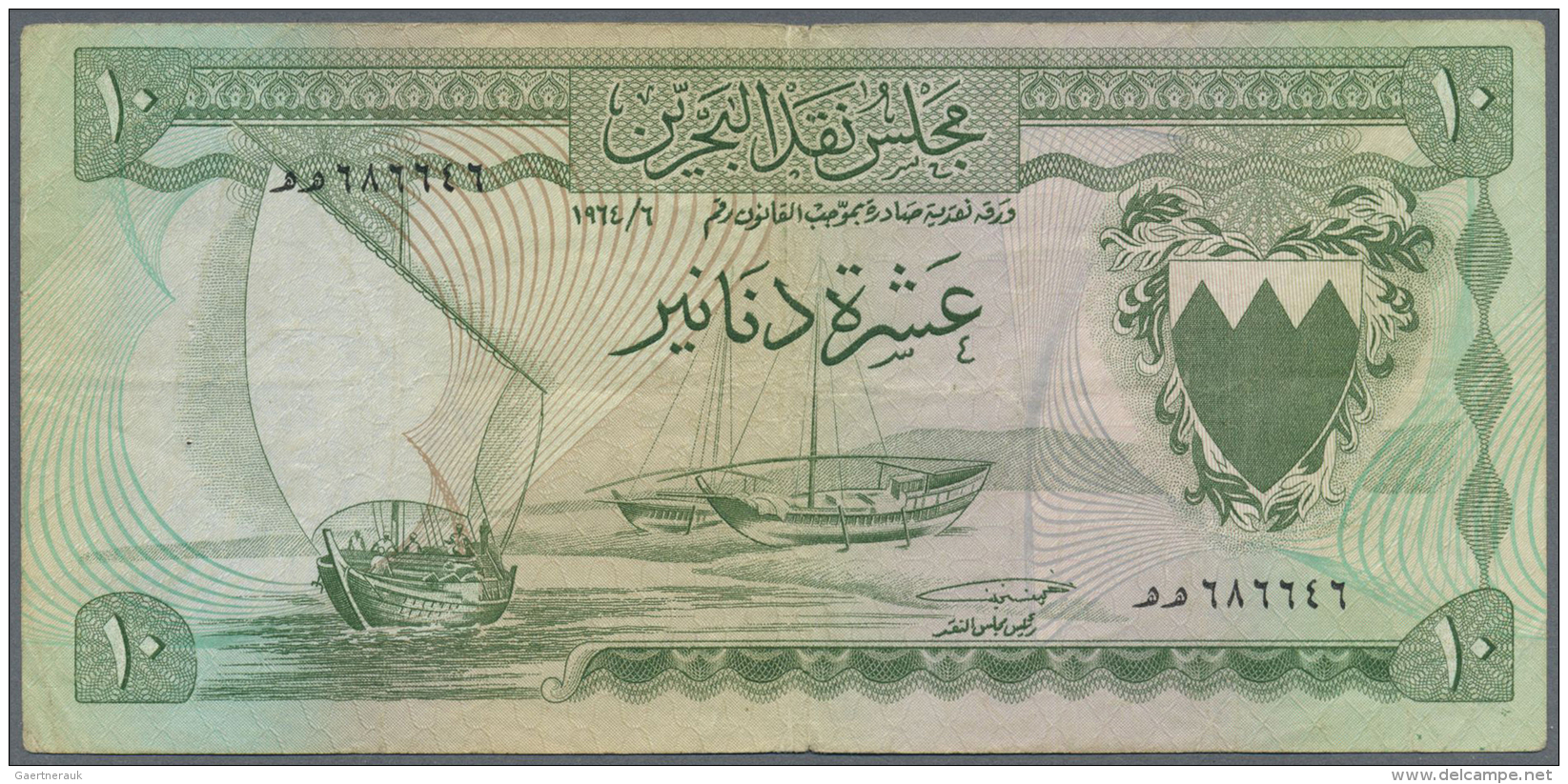 Bahrain: Bahrain: 10 Dinars L.1964, P.6, Highly Rare Note In Used Condition With Several Folds, Tiny Tears At Upper And - Bahreïn