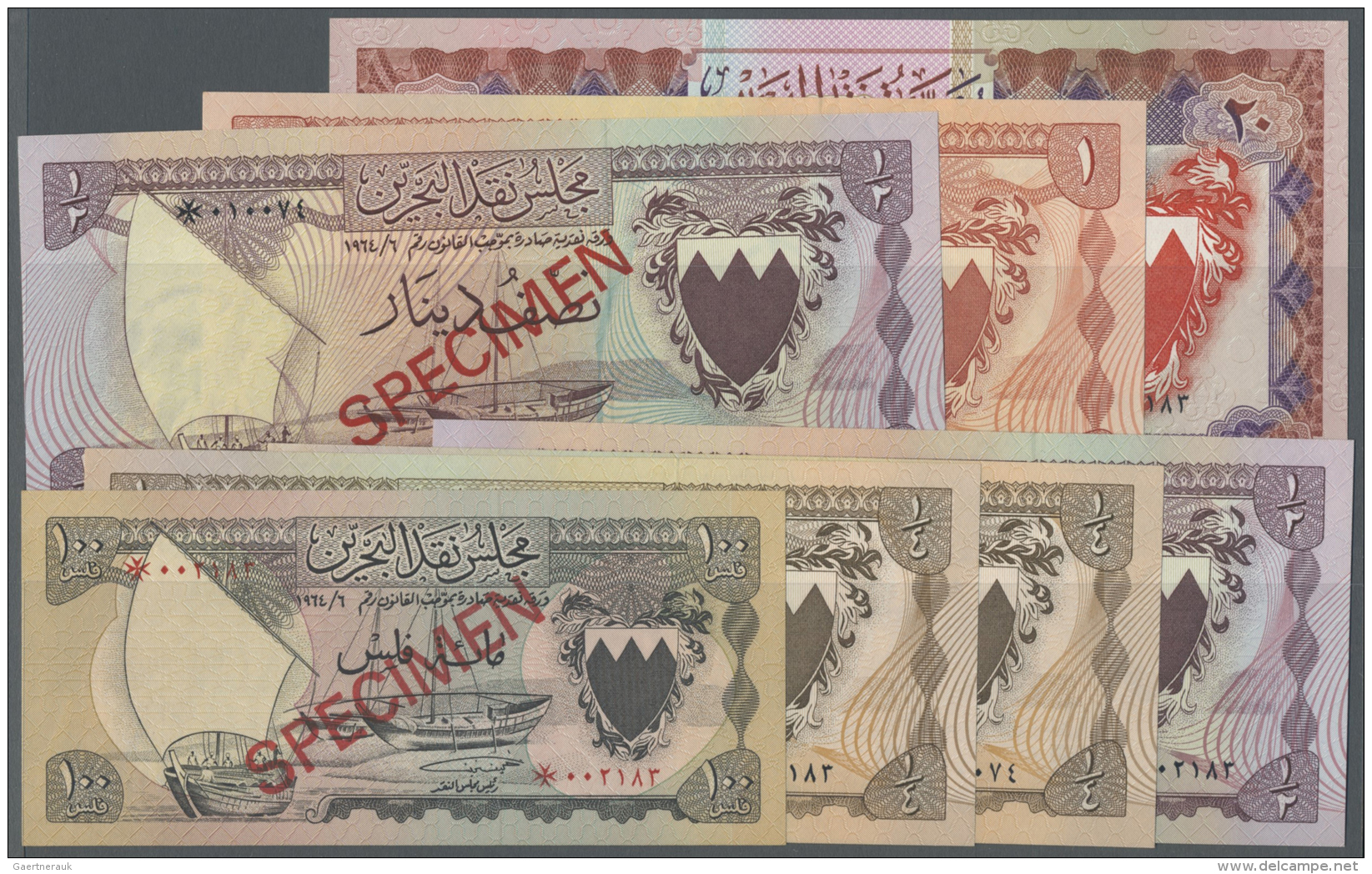 Bahrain: Set Of 7 Collectors Series Specimen With Maltese Cross Prefix, Containing 100 Fils P. 1s, 2x 1/4 Dinar P. 2s, 2 - Bahrein