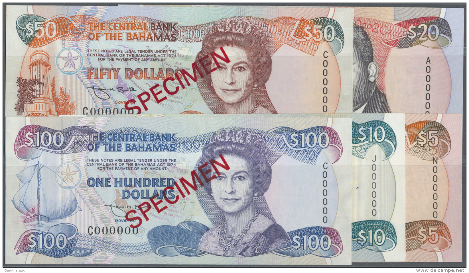 Bahamas: Set Of 5 SPECIMEN Banknotes Containing 5, 10, 20, 50 And 100 Dollars ND(1992-95) Specimen P. 52s-56s, All With - Bahamas