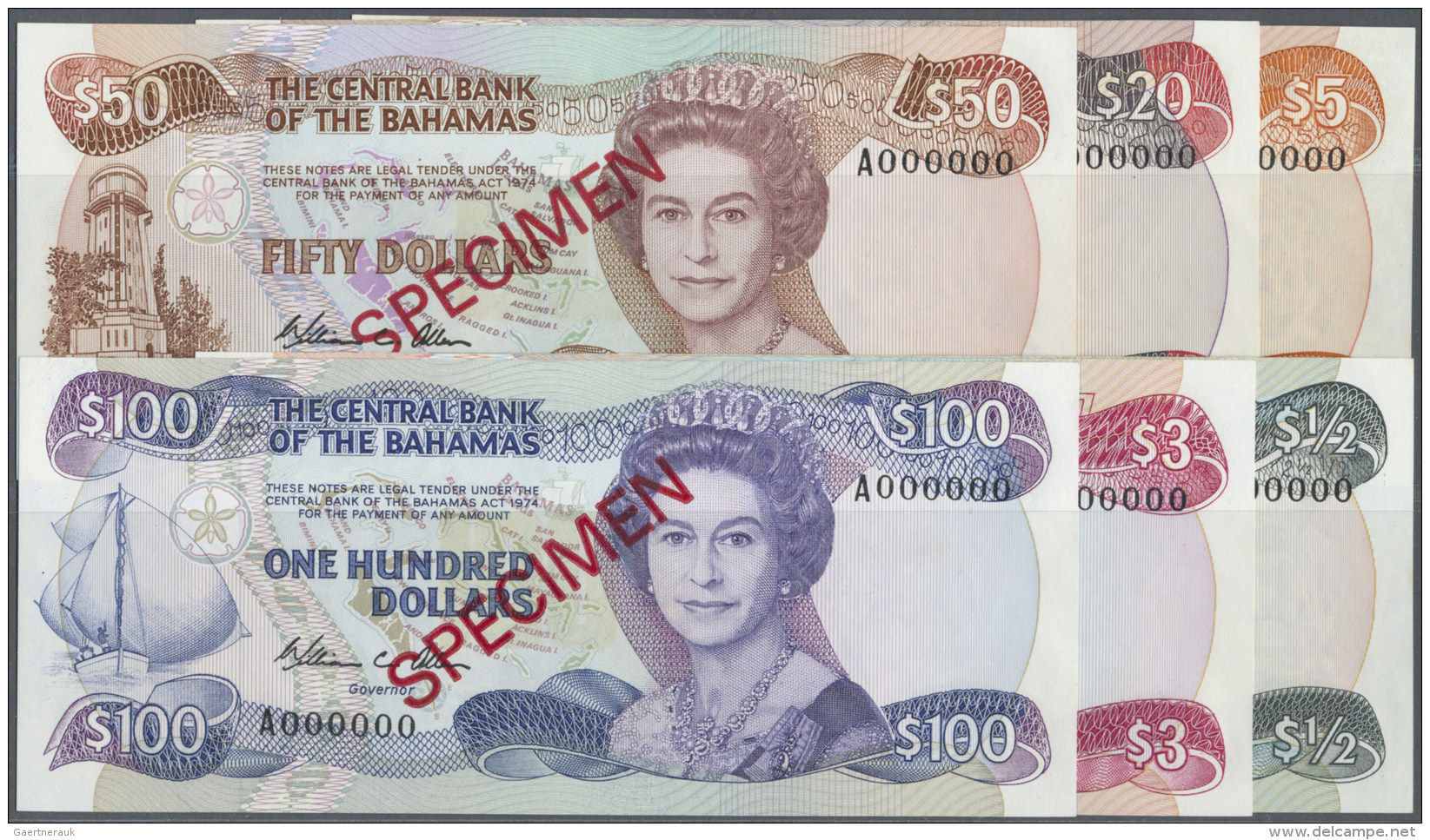 Bahamas: Set Of 6 Specimen Banknotes Containing 1/2, 3, 5, 20, 50 And 100 Dollars ND(1986) Speicmen P. 42s,44s,45s,47s-4 - Bahamas