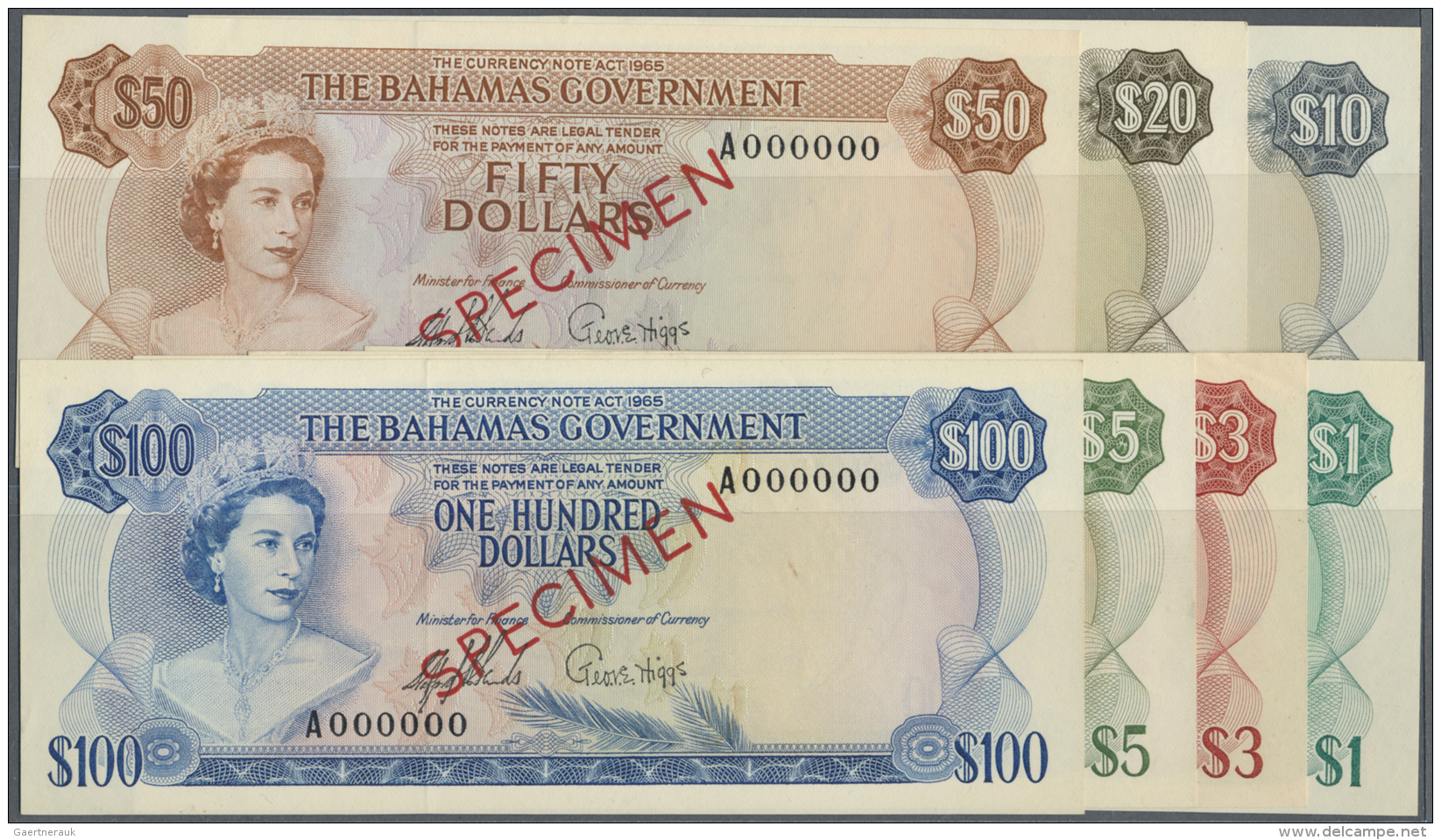 Bahamas: Rare Set Of 7 SPECIMEN Banknotes Containing 1, 3, 5, 10, 20, 50 And 100 Dollars ND(1965) SPEICMEN P. 18s-20s An - Bahamas