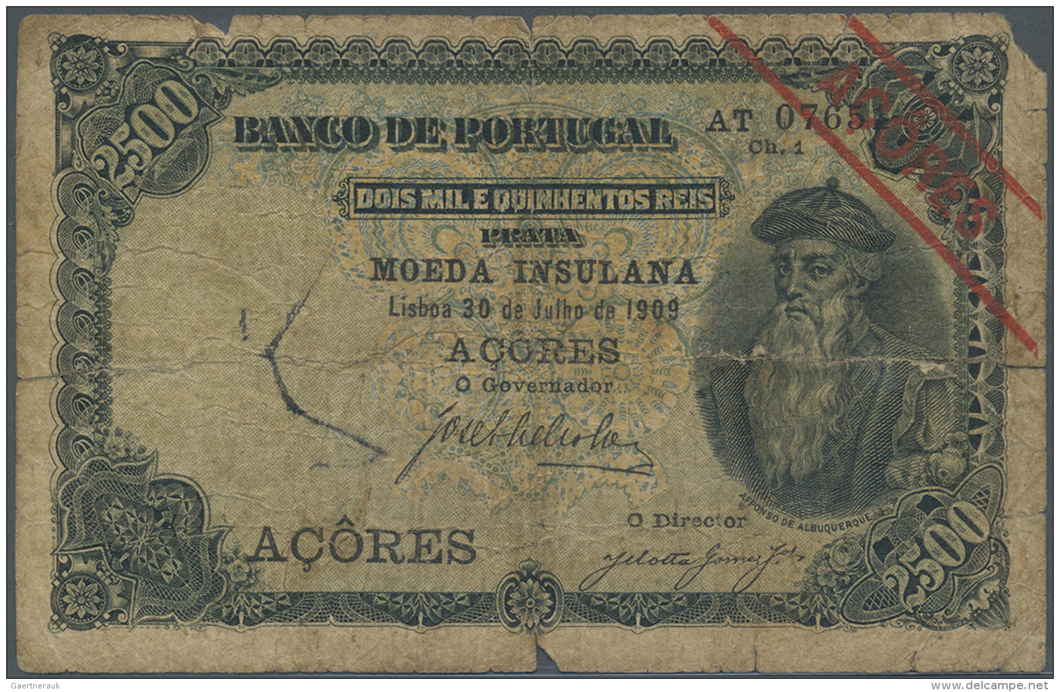 Azores / Azoren: 2500 Reis July 30th 1909, P.8b With Diagonal Overprint "Acores" In Well Worn Condition With Stained Pap - Portugal