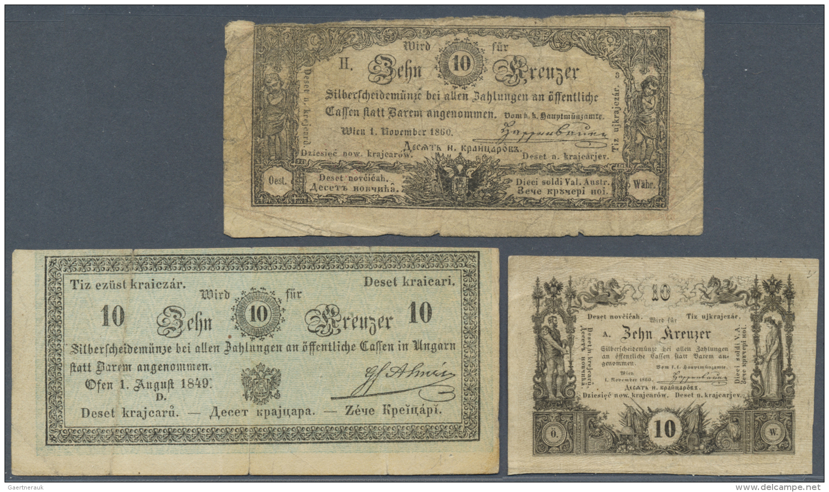 Austria / &Ouml;sterreich: Set Of 3 Kreuzer Issues Containing 10 Kreuzer 1849 And 2x 1860, All Used With Folds, One Of T - Austria
