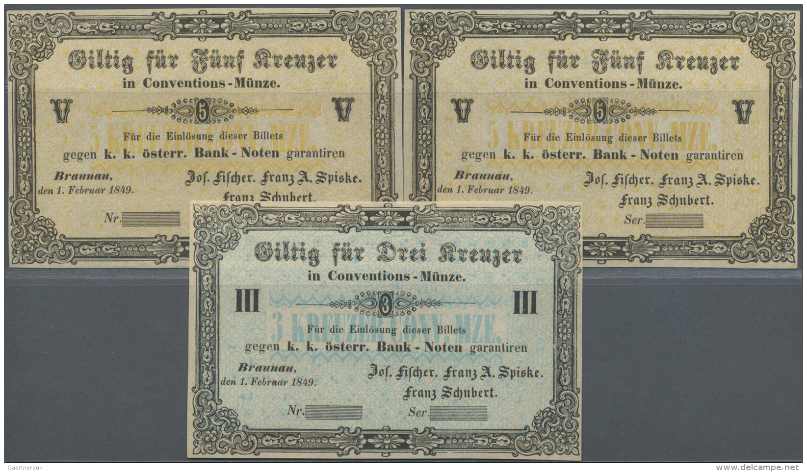 Austria / &Ouml;sterreich: Set With 3 Banknotes 3 Kreuzer And 2 X 5 Kreuzer Conventions-M&uuml;nze 1849 Unsigned Remaind - Autriche