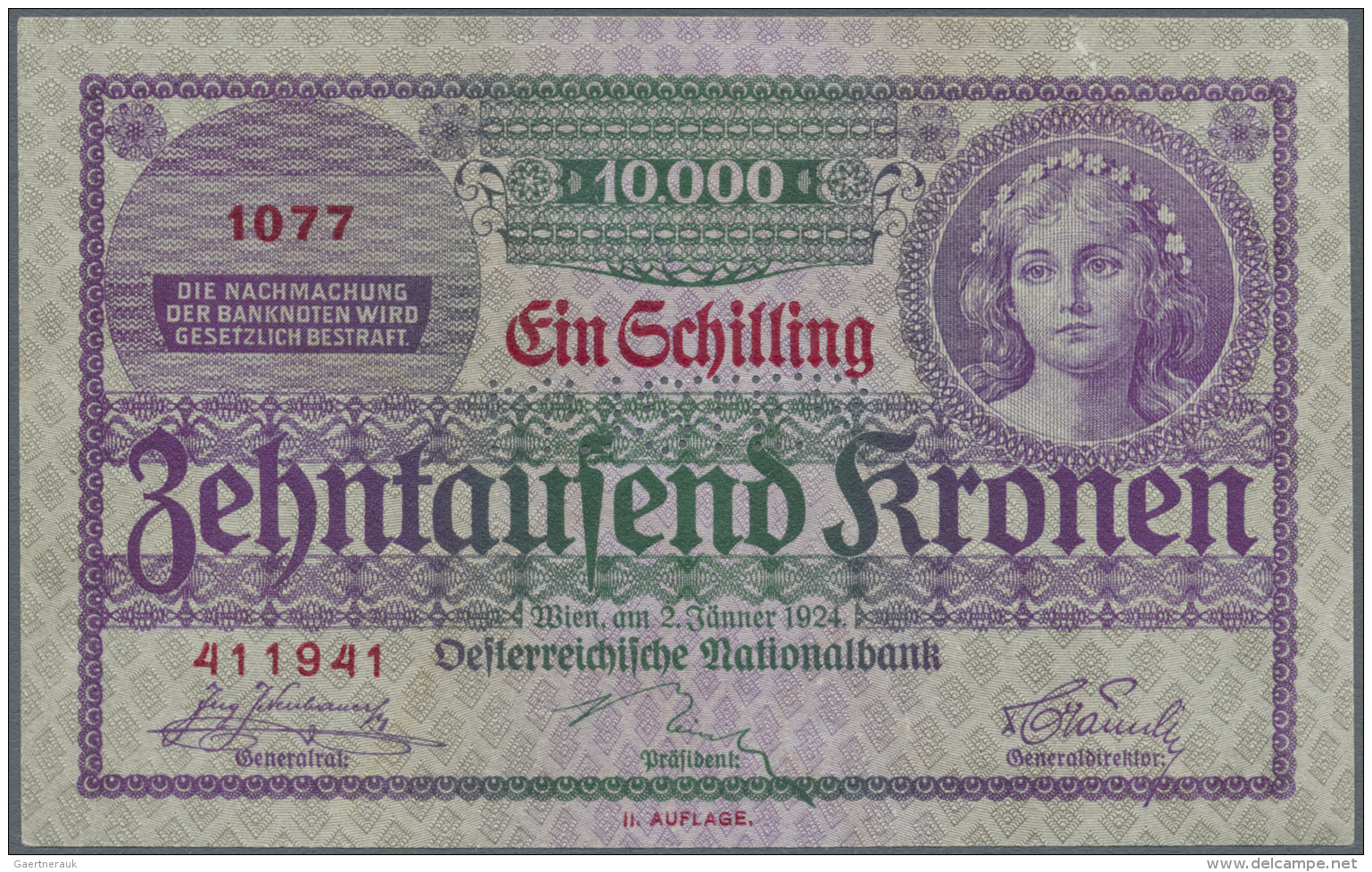 Austria / &Ouml;sterreich: Austria: 1 Schilling = 10.000 Kronen 1924 With Specimen Perforation P. 177s, Never Folded But - Autriche