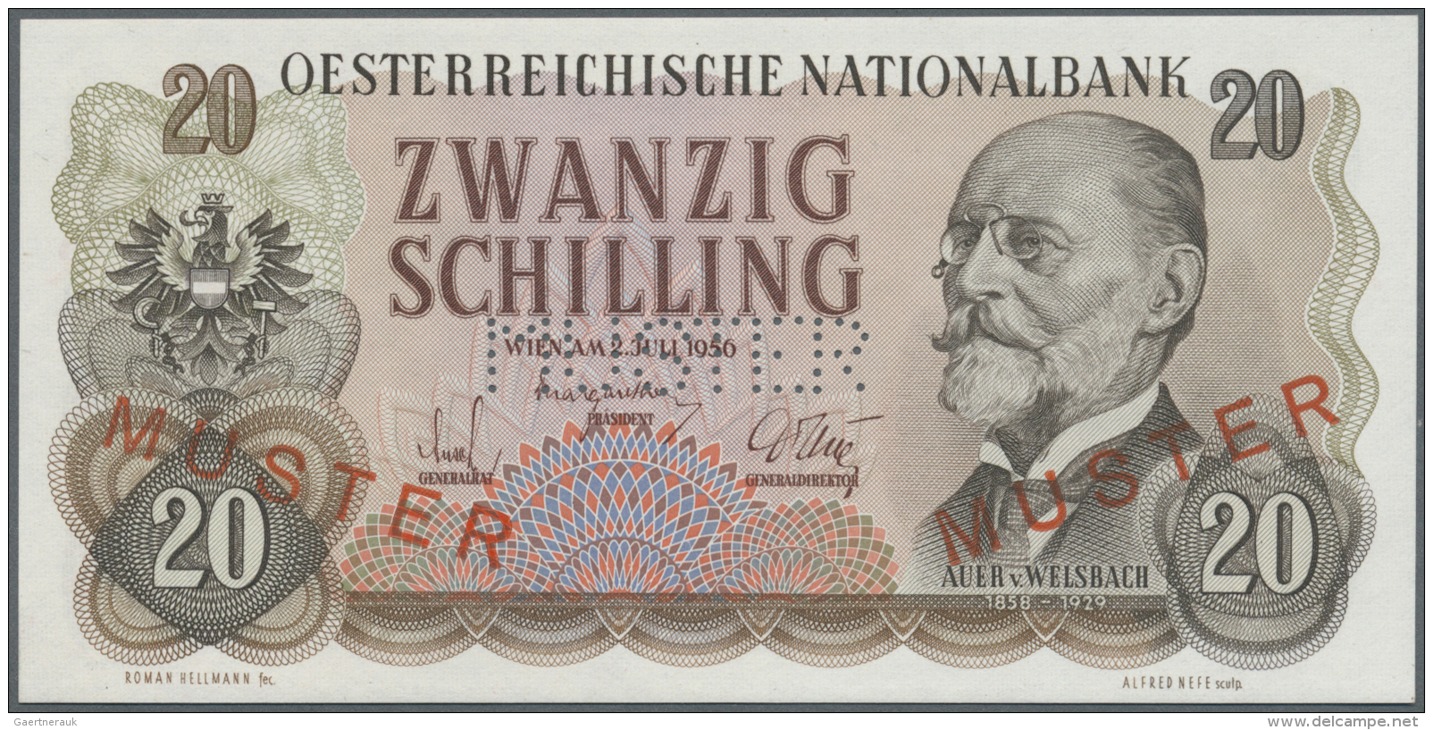 Austria / &Ouml;sterreich: Austria: 20 Schilling 1956 Specimen P. 136s, Overprinted And Perforated "Muster",with Regular - Autriche