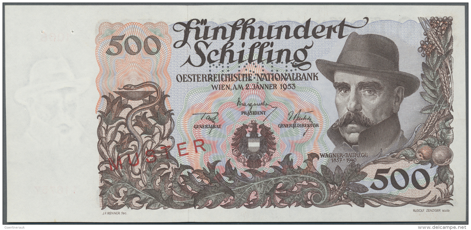 Austria / &Ouml;sterreich: 500 Schilling 1953 Specimen P. 134s With Muster Perforation And Overprint, Unfolded, 2 Pinhol - Autriche