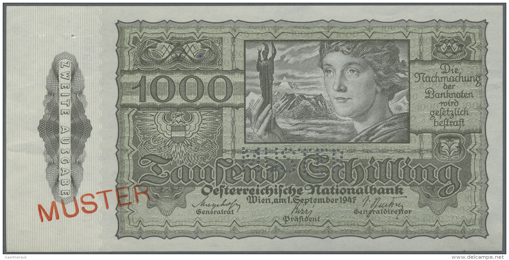 Austria / &Ouml;sterreich: 1000 Schilling 1947 Specimen P. 125s, Perforated And Overprinted "MUSTER", Unfolded, 2 Pinhol - Autriche