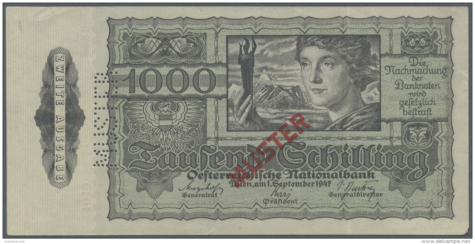 Austria / &Ouml;sterreich: 1000 Schilling 1947 Specimen P. 125s. This Banknote Has No Stong Folds But Shows Slight Handl - Autriche